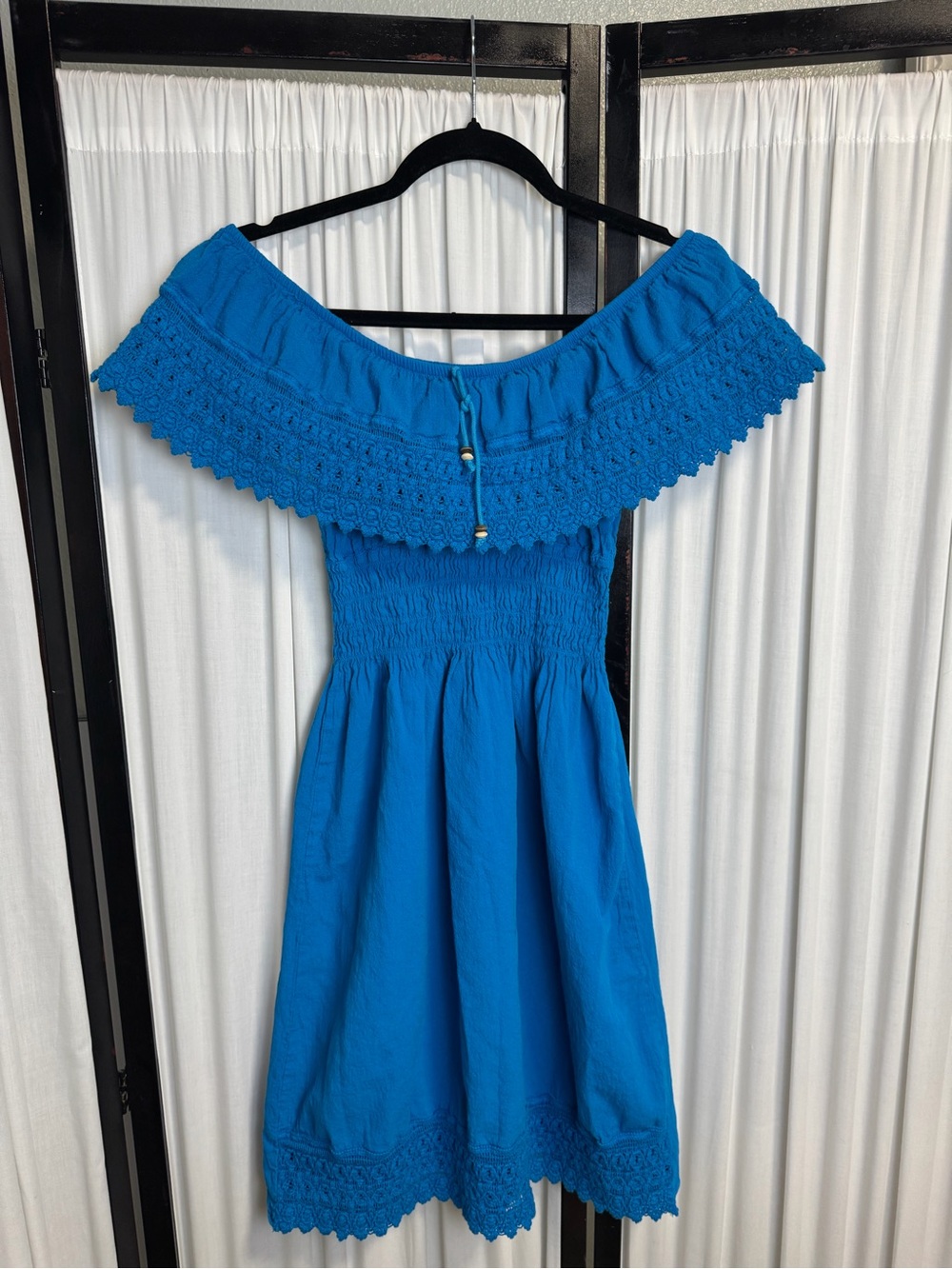 Mexican Campesina Off-The-Shoulder Crochet Trim Smocked Waistband Cotton Dress
